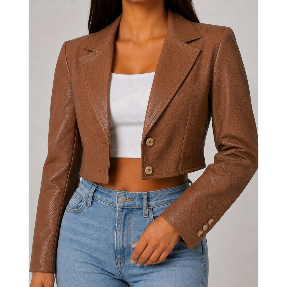 Fashion Nova Women’s Brown Snakeskin Faux Leather Cropped Blazer Jacket Size M